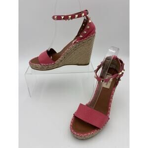 Valentino Rockstud Espadrille Wedge Sandal Pink Leather Studded Size 37 / 7